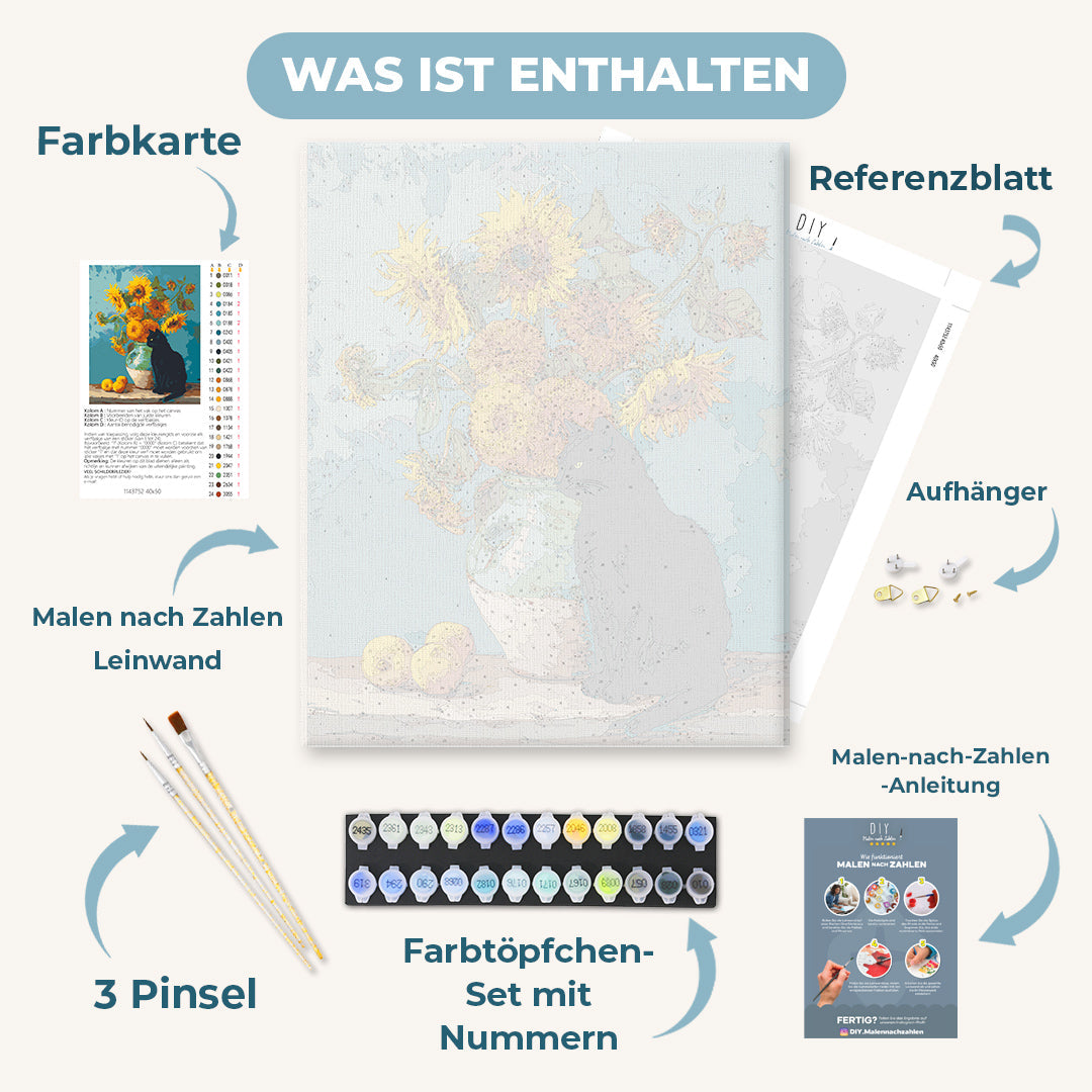 Malen nach Zahlen - Berühmte Sonnenblumen und eine schwarze Katze