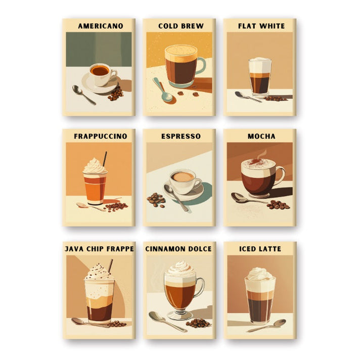 Malen nach Zahlen - 9 Mini-Gemälde | Kaffee Poster-Set