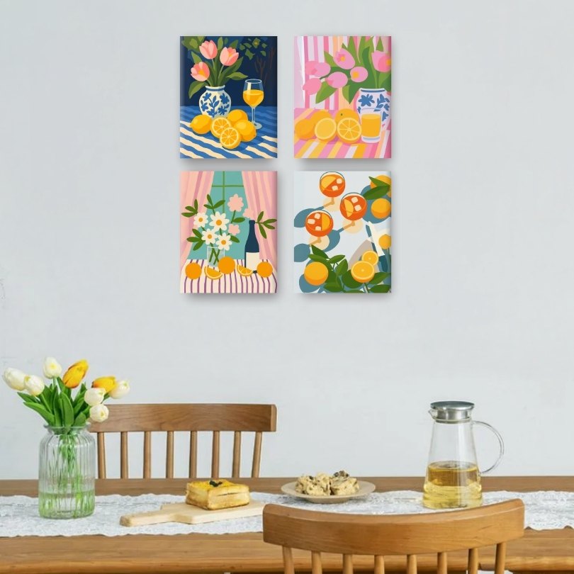 4 Mini-Gemälde | Blumen & Getränke Set