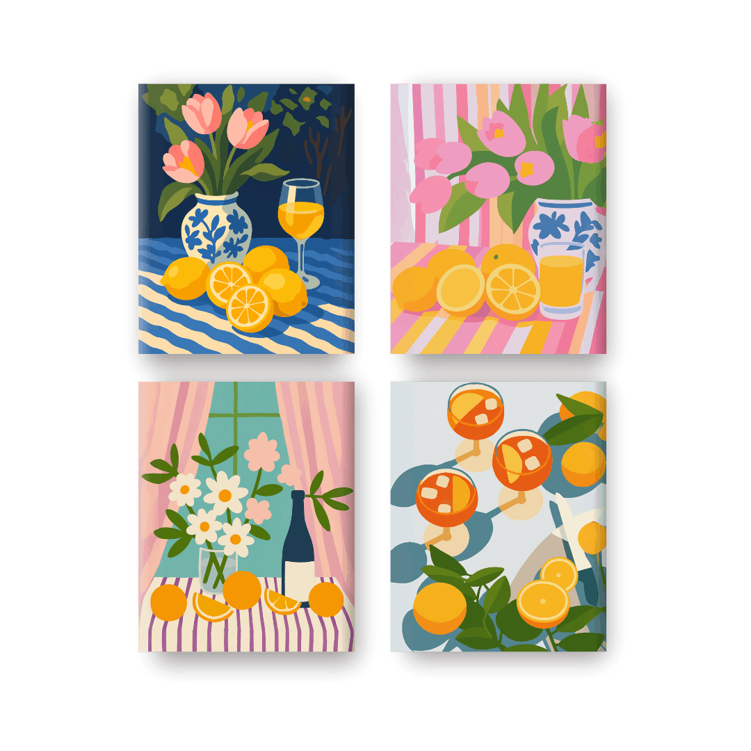 4 Mini-Gemälde | Blumen & Getränke Set