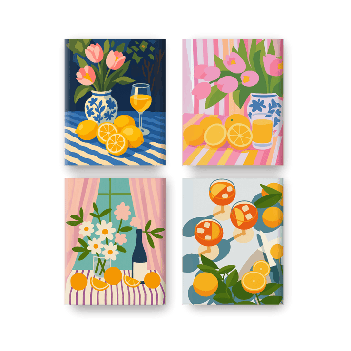 4 Mini-Gemälde | Blumen & Getränke Set