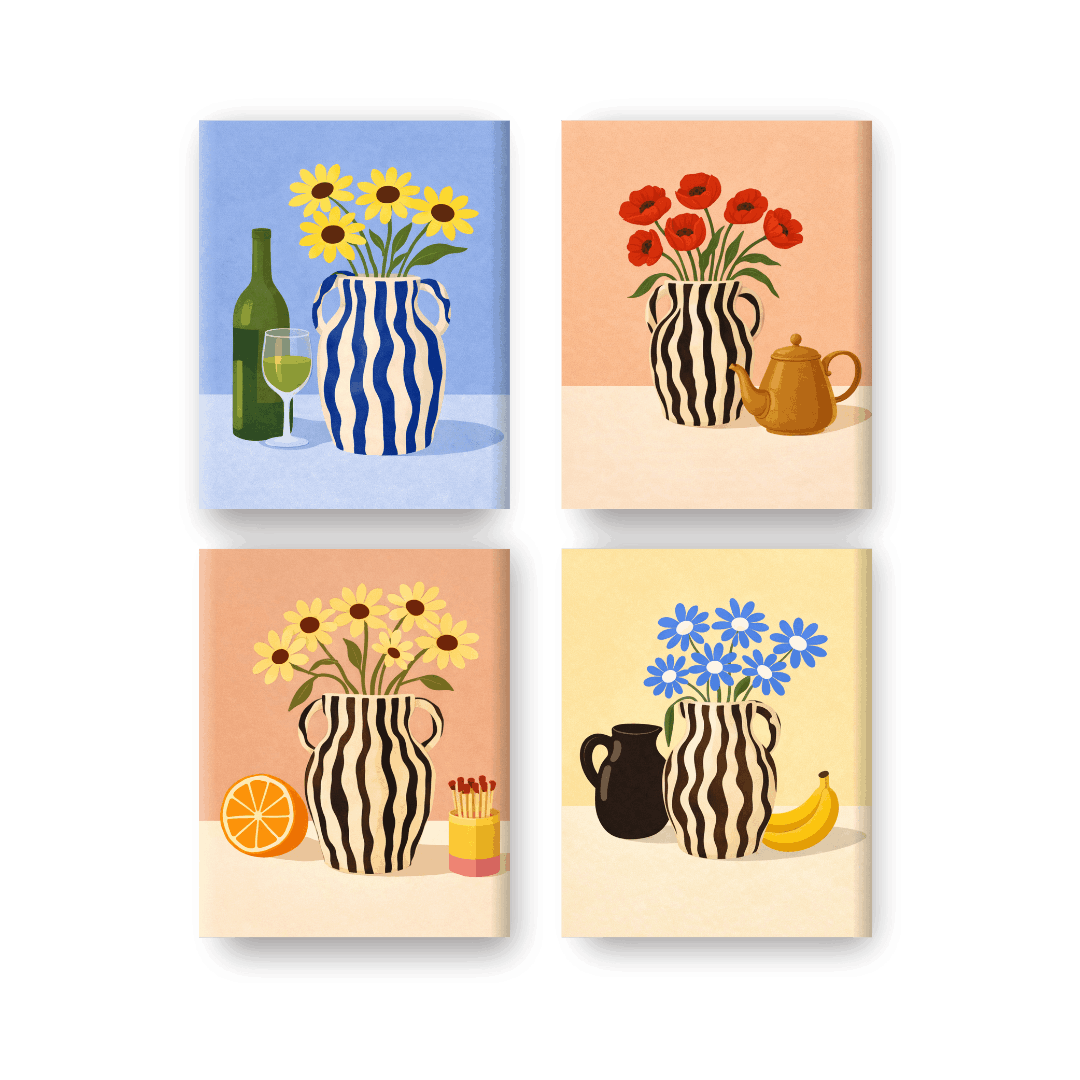 4 Mini-Gemälde | Blühende Vasen Set