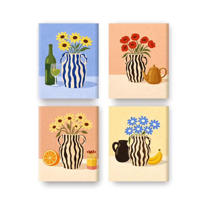 4 Mini-Gemälde | Blühende Vasen Set