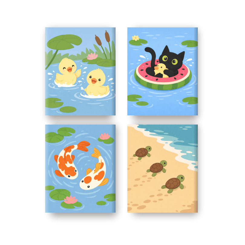 4 Mini-Gemälde | Wasser­tier-Set