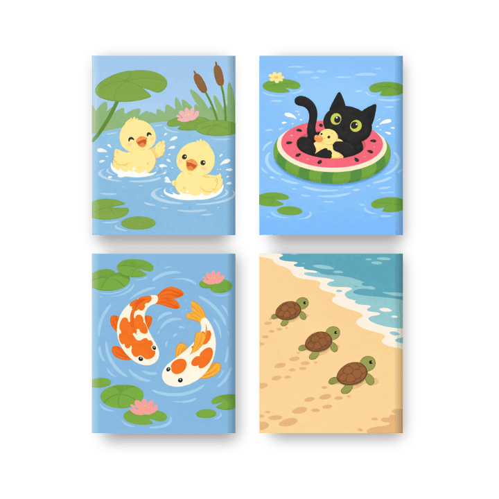 4 Mini-Gemälde | Wasser­tier-Set