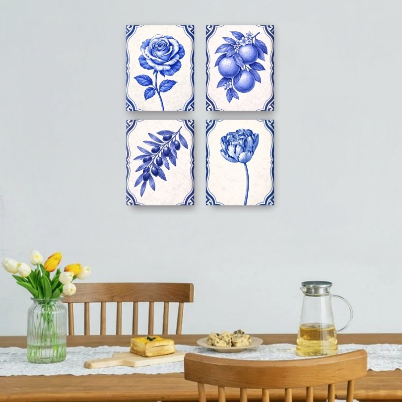 4 Mini-Gemälde | Delft Blaue Pflanzen Set