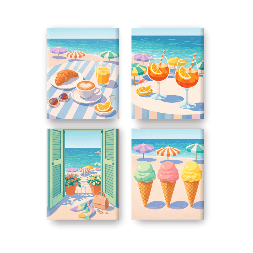 4 Mini-Gemälde | Strand- & Sommer-Set