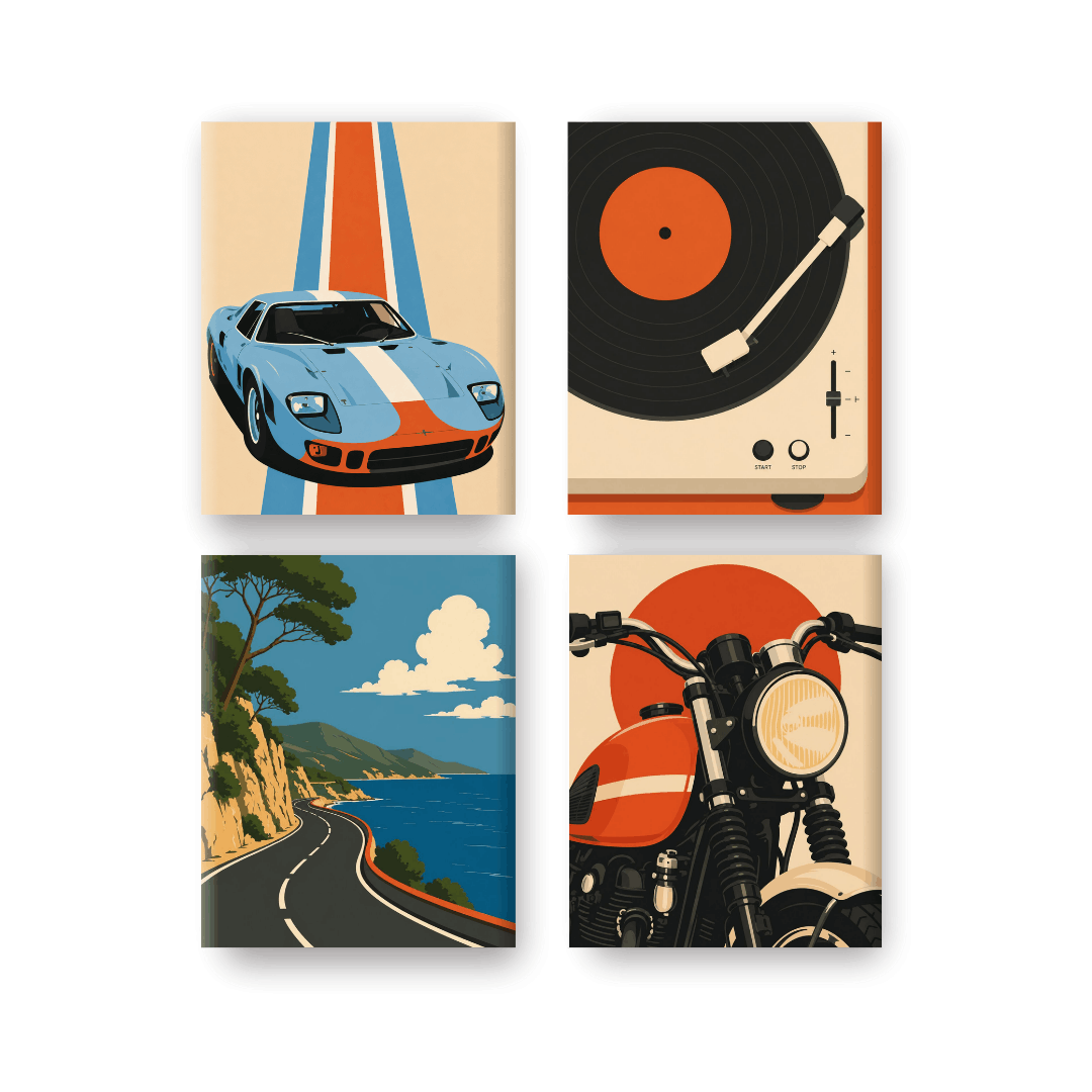 4 Mini-Gemälde | Retro Fahrt Set