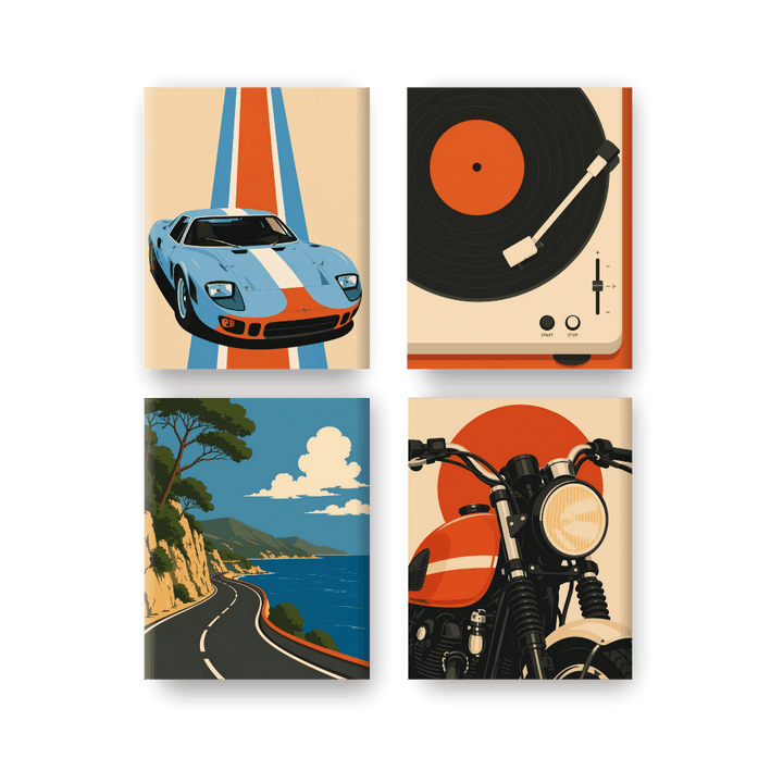 4 Mini-Gemälde | Retro Fahrt Set