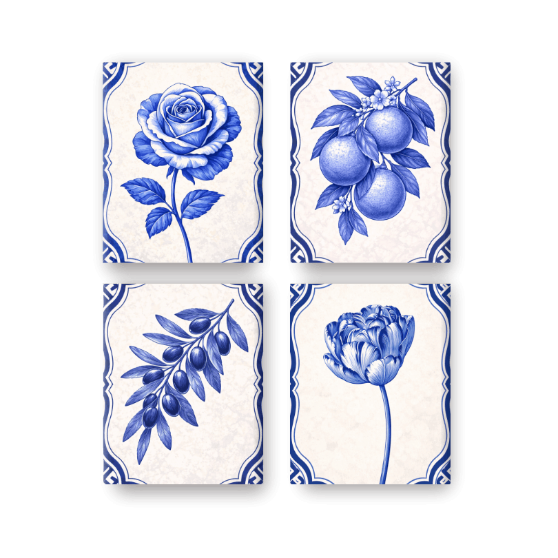 4 Mini-Gemälde | Delft Blaue Pflanzen Set