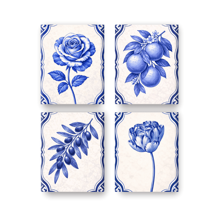 4 Mini-Gemälde | Delft Blaue Pflanzen Set