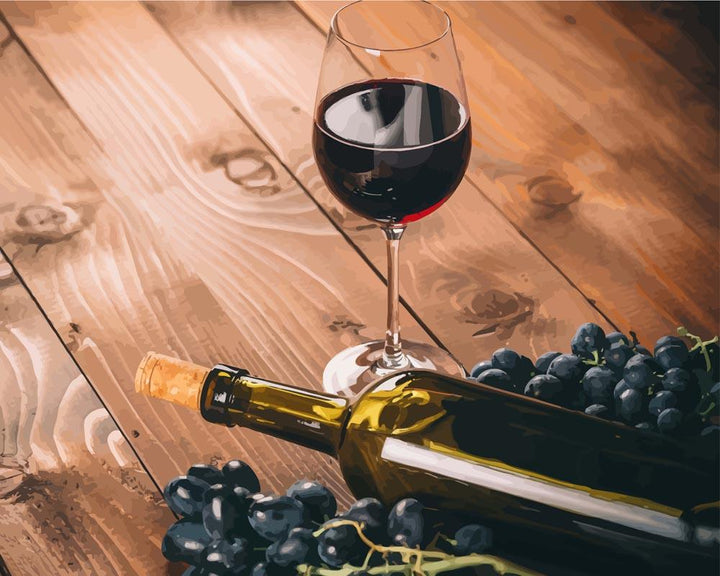 Malen nach Zahlen - Glas und Flasche Rotwein mit Trauben