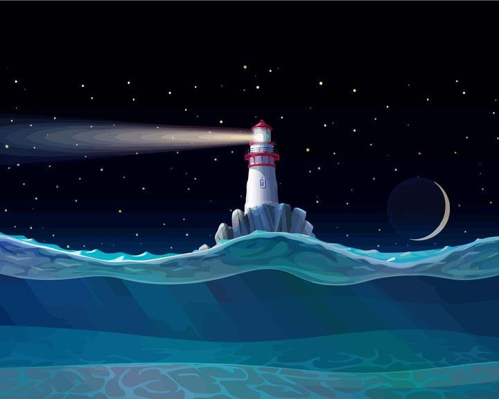 Malen nach Zahlen - Leuchtturm Meer, Unterwasser, Wellen, Nacht