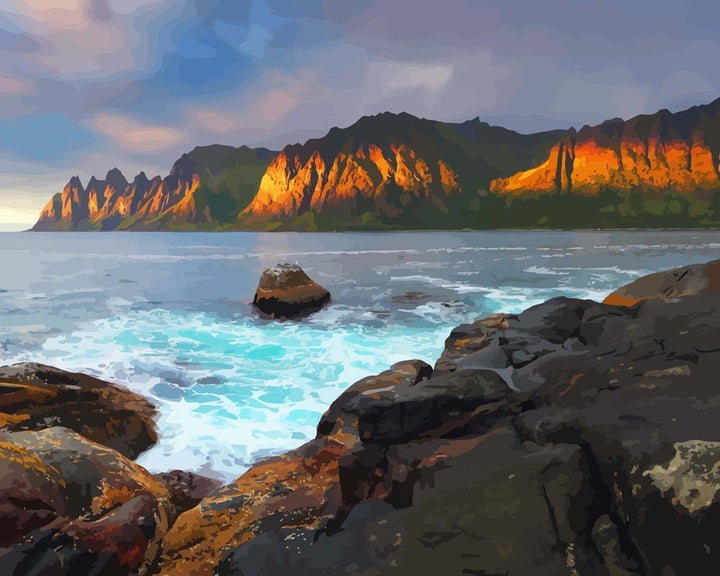 Malen nach Zahlen - Abendliche norwegische Meereslandschaft