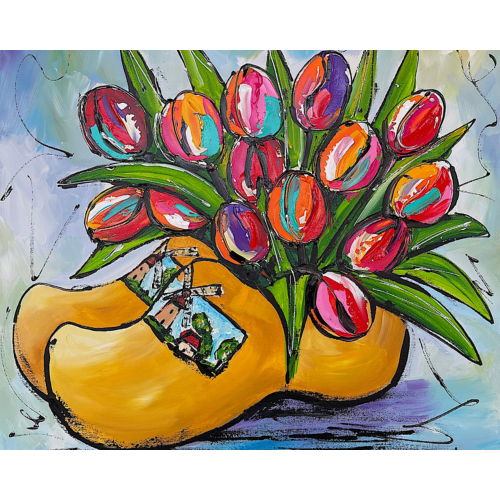 Fröhliche Malerei - Tulpen in Holzschuhen