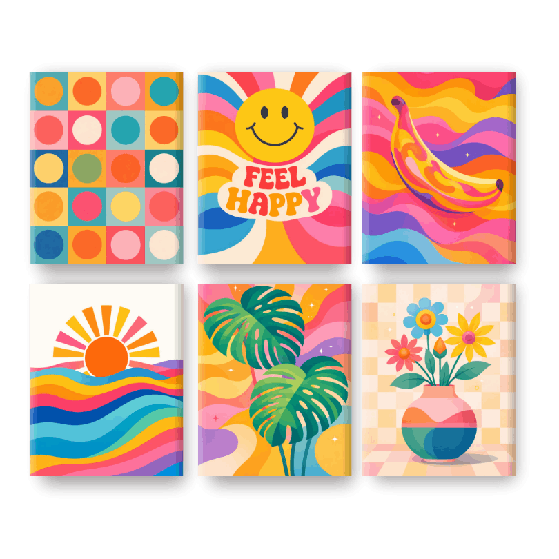 6 Mini-Gemälde | Regenbogen Retro Set