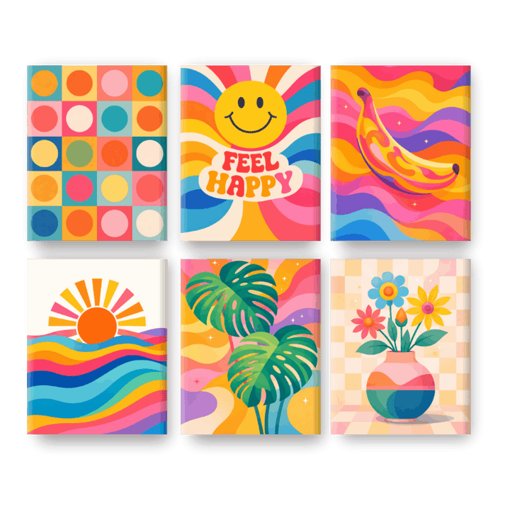 6 Mini-Gemälde | Regenbogen Retro Set