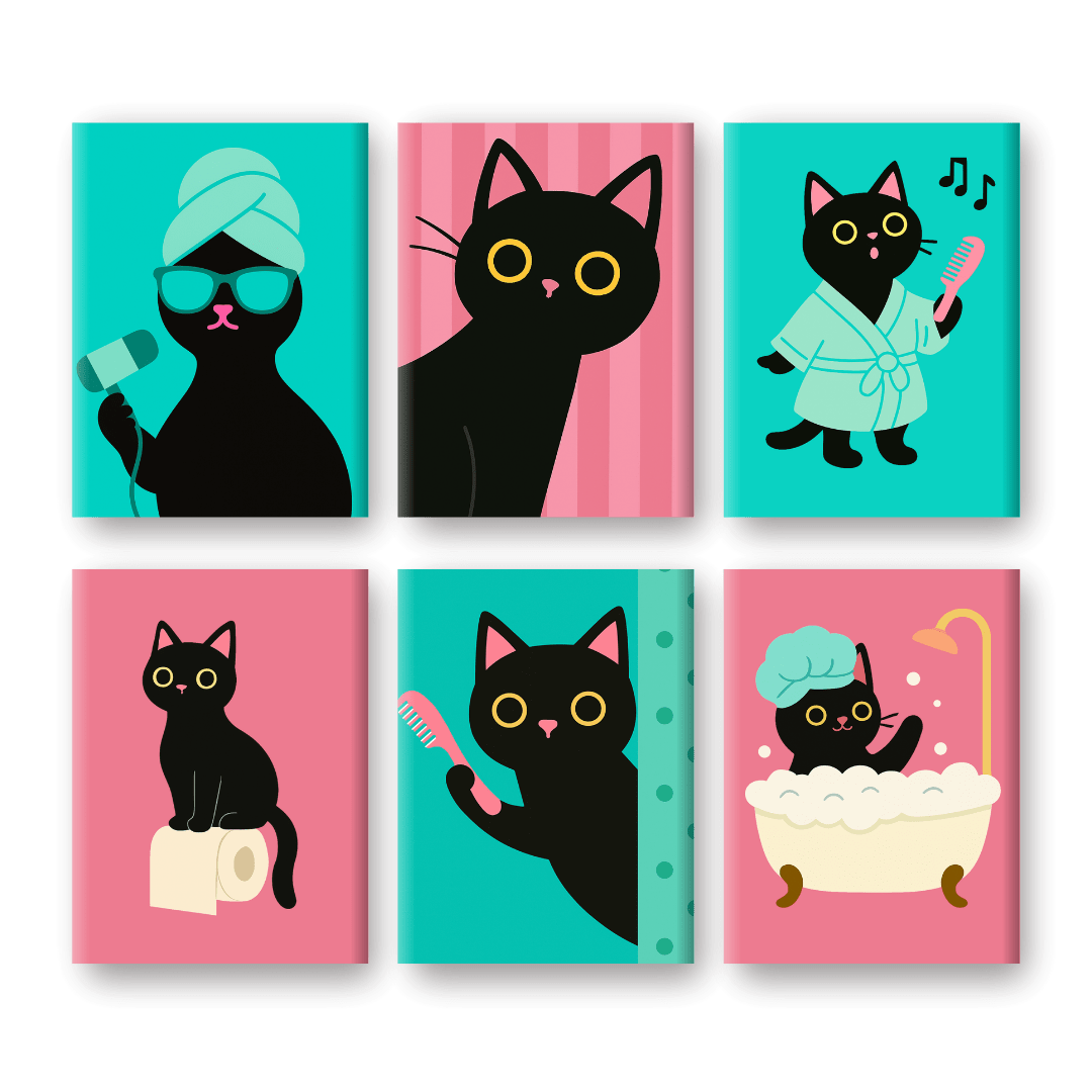 6 Mini-Gemälde | Badezimmer-Katzen Set