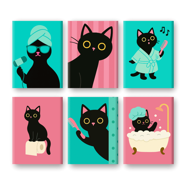 6 Mini-Gemälde | Badezimmer-Katzen Set