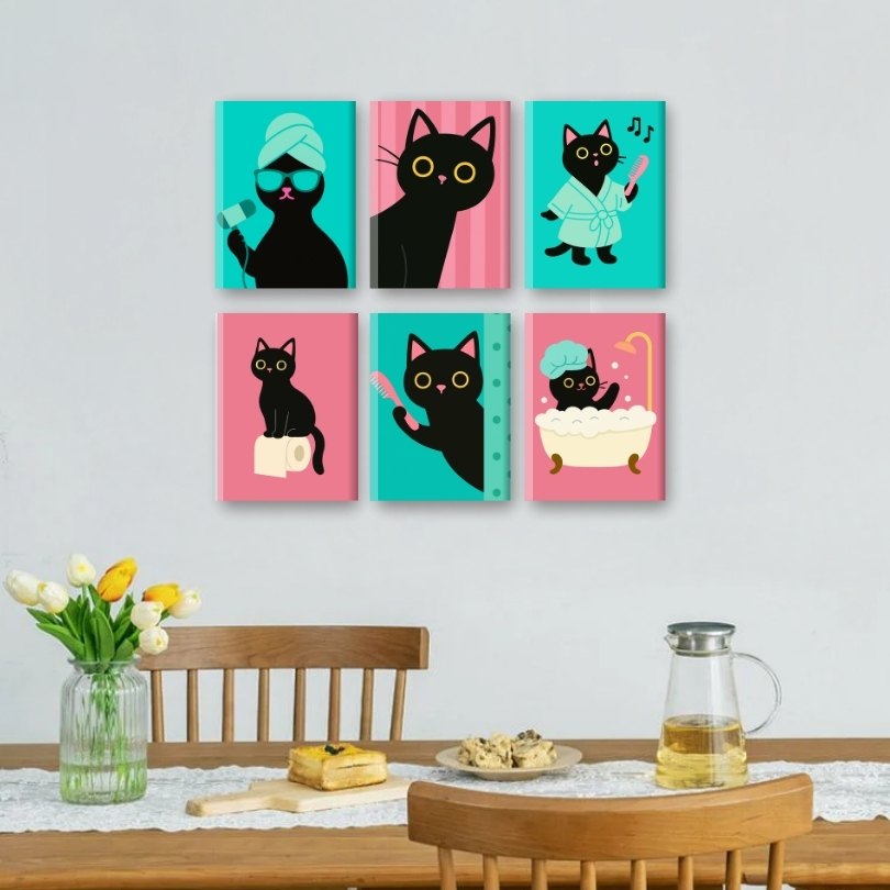 6 Mini-Gemälde | Badezimmer-Katzen Set