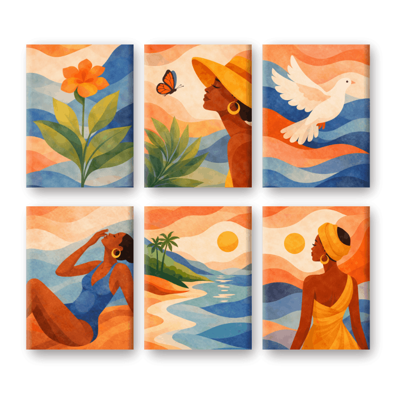6 Mini-Gemälde | Boho-Sonnenuntergang-Set