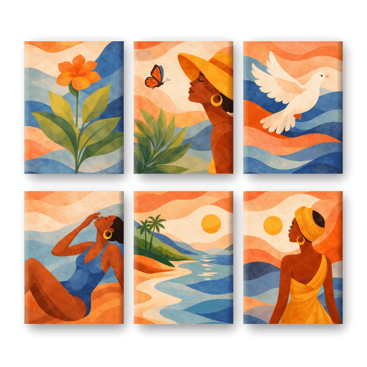 6 Mini-Gemälde | Boho-Sonnenuntergang-Set