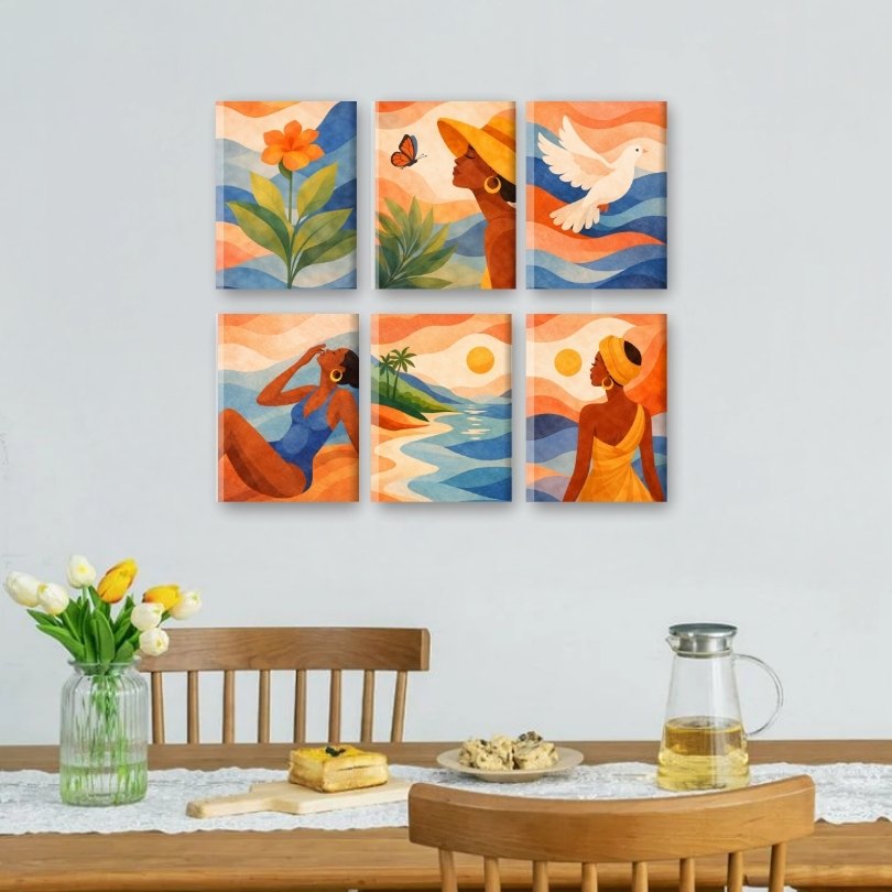 6 Mini-Gemälde | Boho-Sonnenuntergang-Set
