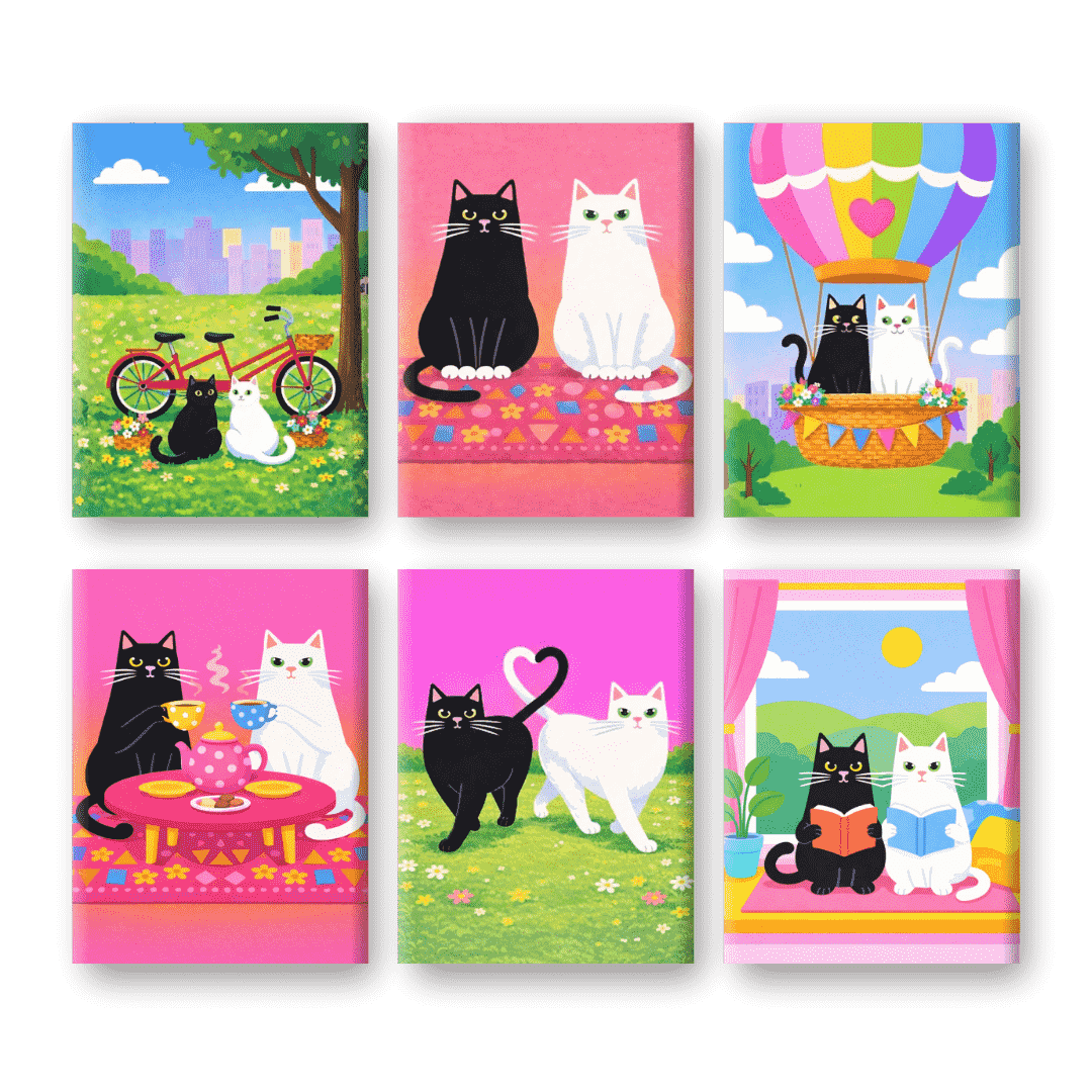 6 Mini-Gemälde | Katzen in Liebe Set