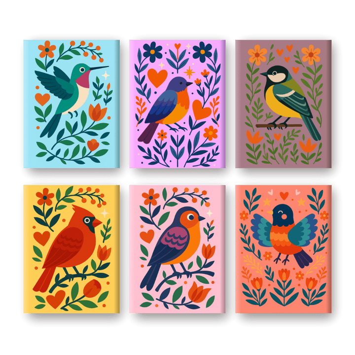 6 Mini-Gemälde | Bunte-Vögel Set