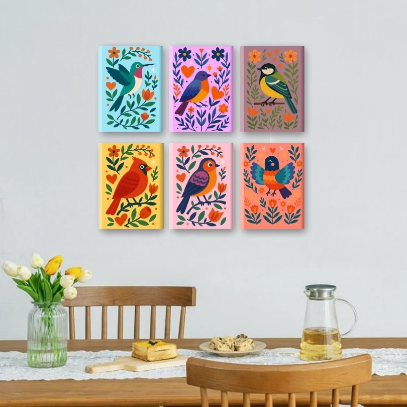 6 Mini-Gemälde | Bunte-Vögel Set