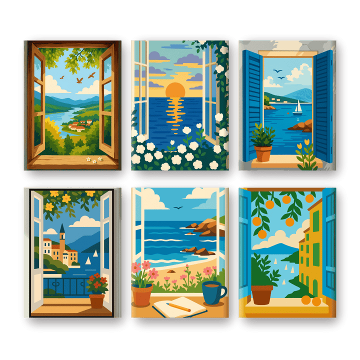 6 Mini-Gemälde | Bunte Fenster Set