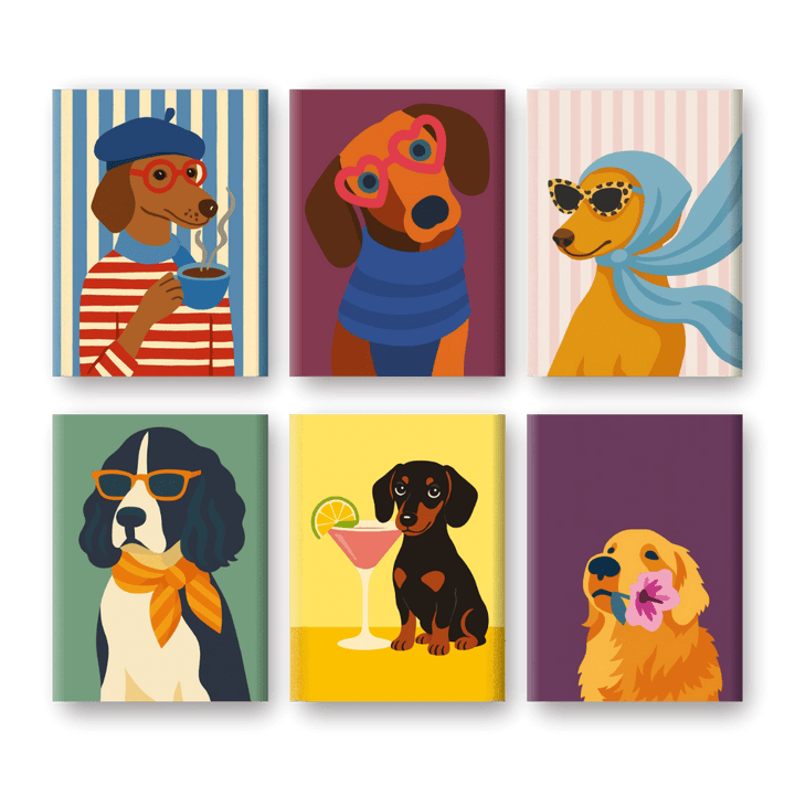 6 Mini-Gemälde | Schicke Hunde Set