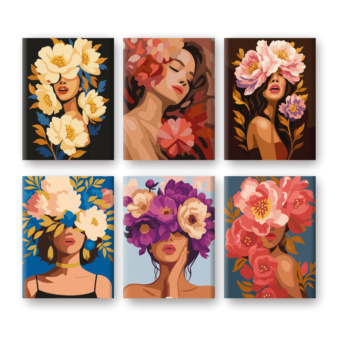 6 Mini-Gemälde | Blumen-Damen Set