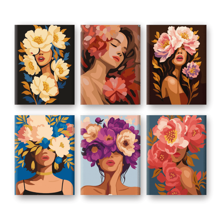 6 Mini-Gemälde | Blumen-Damen Set
