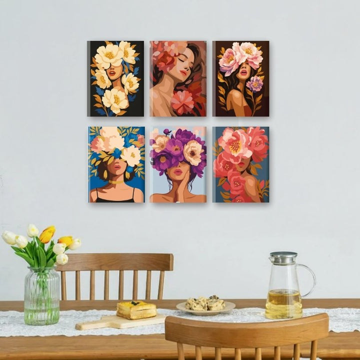 6 Mini-Gemälde | Blumen-Damen Set