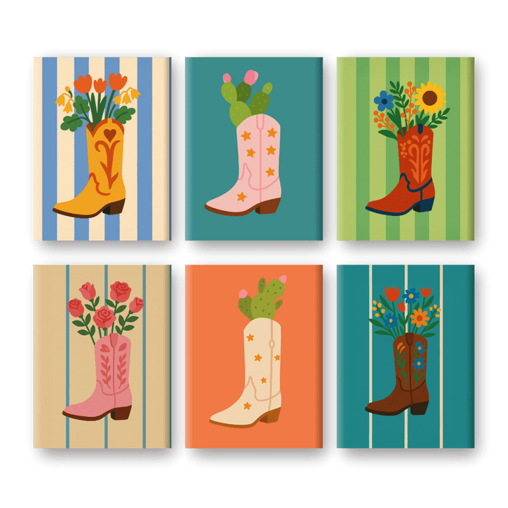 6 Mini-Gemälde | Blumen in Stiefeln Set