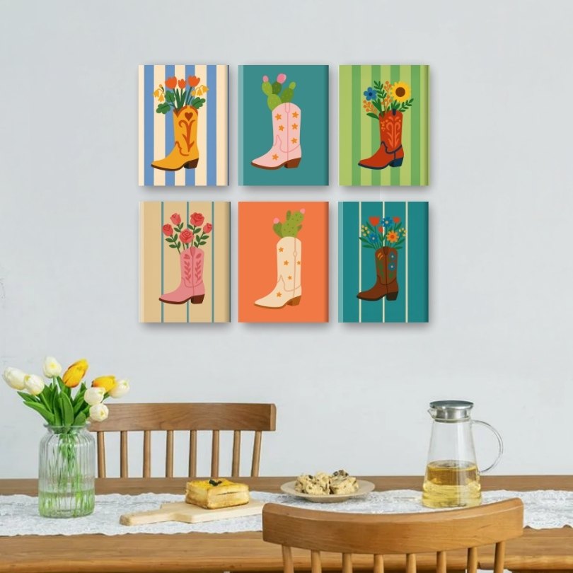 6 Mini-Gemälde | Blumen in Stiefeln Set