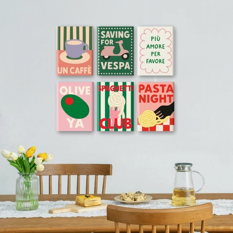 6 Mini-Gemälde | Italienisches Pasta & Kaffee-Set