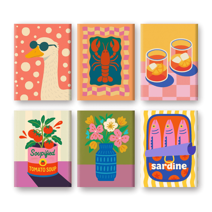 6 Mini-Gemälde | Hummer & Sardinen Set