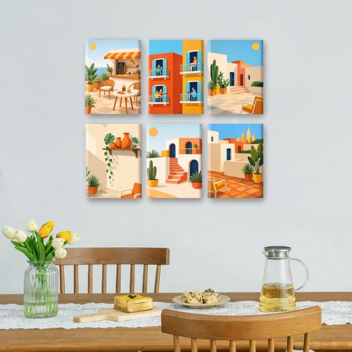 6 Mini-Gemälde | Mediterranes Dorf Set