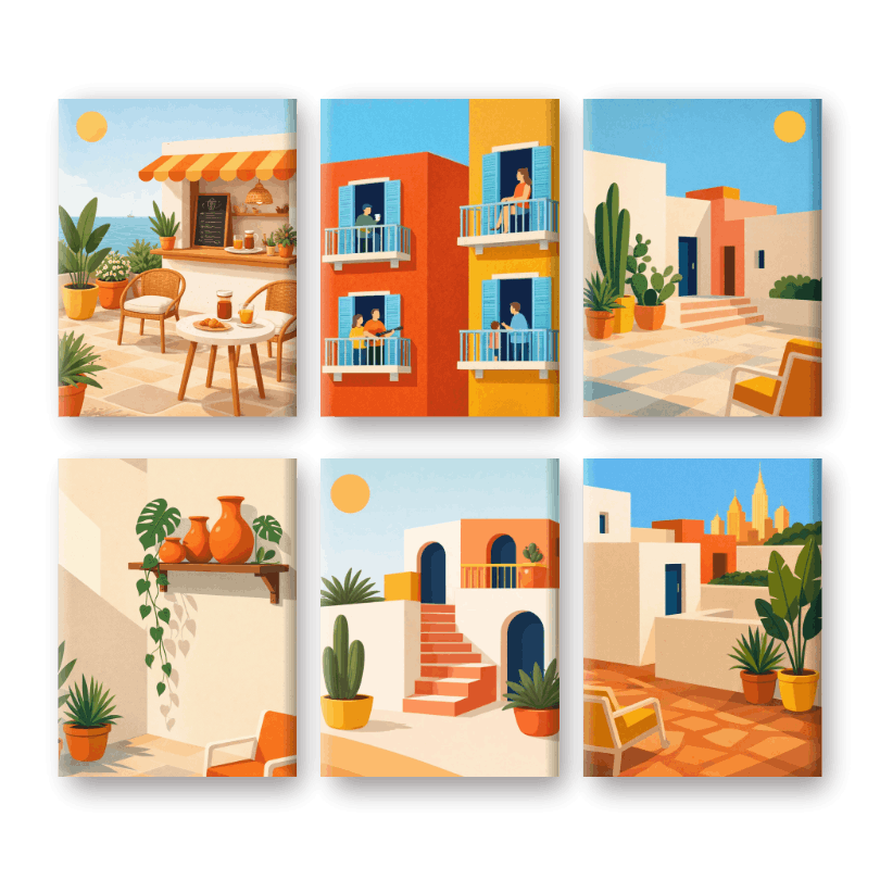6 Mini-Gemälde | Mediterranes Dorf Set