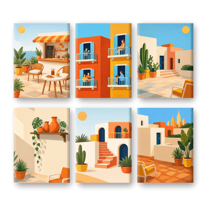 6 Mini-Gemälde | Mediterranes Dorf Set