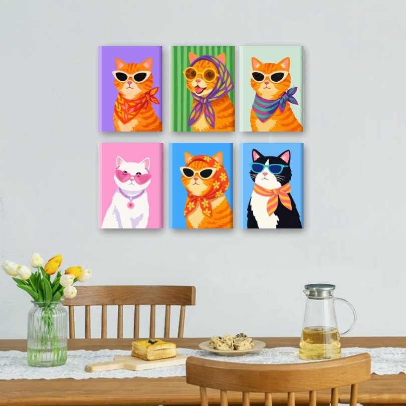 6 Mini-Gemälde | Stilvolle Katzen Set