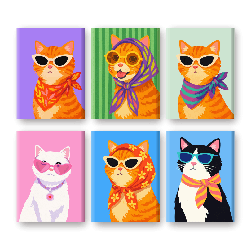 6 Mini-Gemälde | Stilvolle Katzen Set