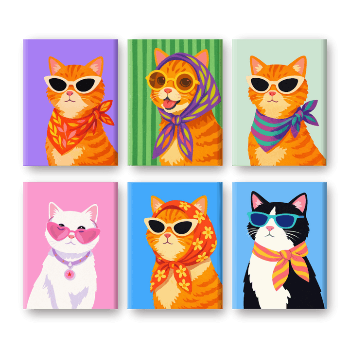 6 Mini-Gemälde | Stilvolle Katzen Set