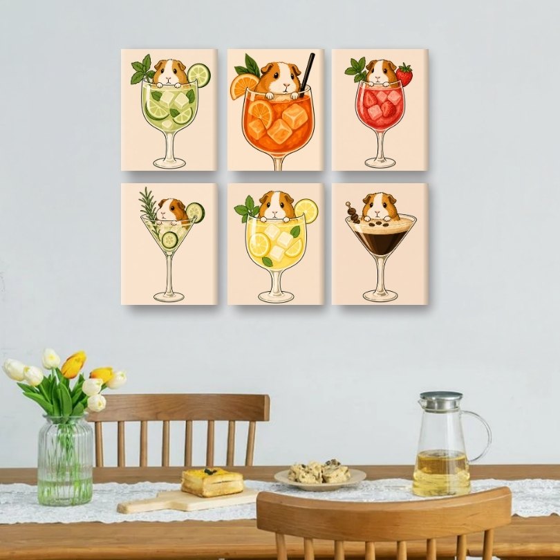 6 Mini-Gemälde | Meerschweinchen in Cocktails Set