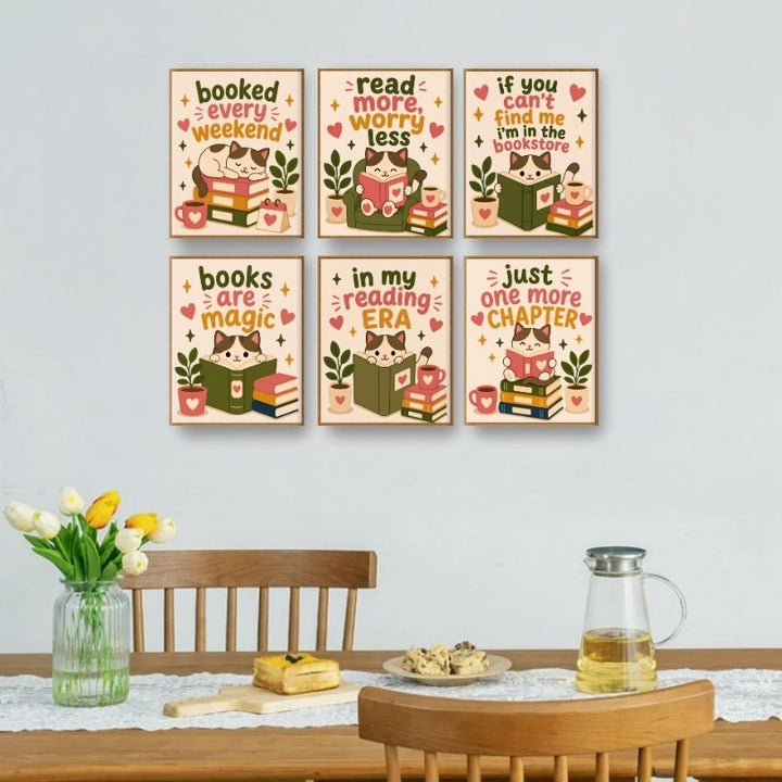 6 Mini-Gemälde | Lesende Katze Set