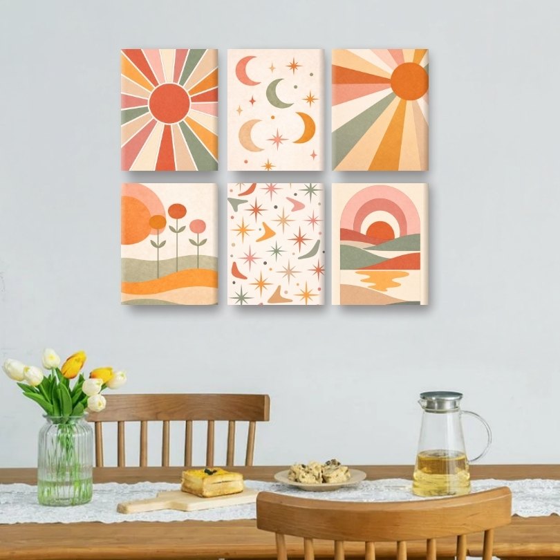 6 Mini-Gemälde | Boho Sonnenuntergang Set