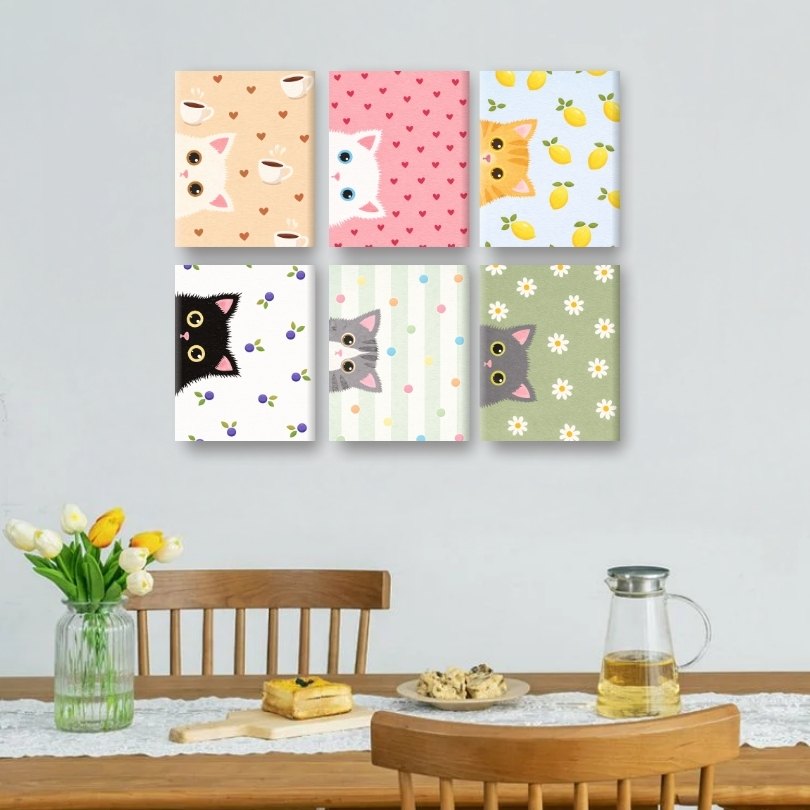 6 Mini-Gemälde | Neugierige Katzen Set