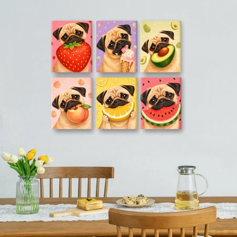 6 Mini-Gemälde | Hund & Obst Set